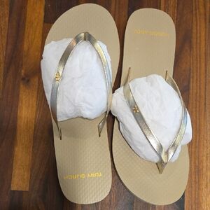 Tory Burch Metallic Gold Strap Beige Flip Sandals